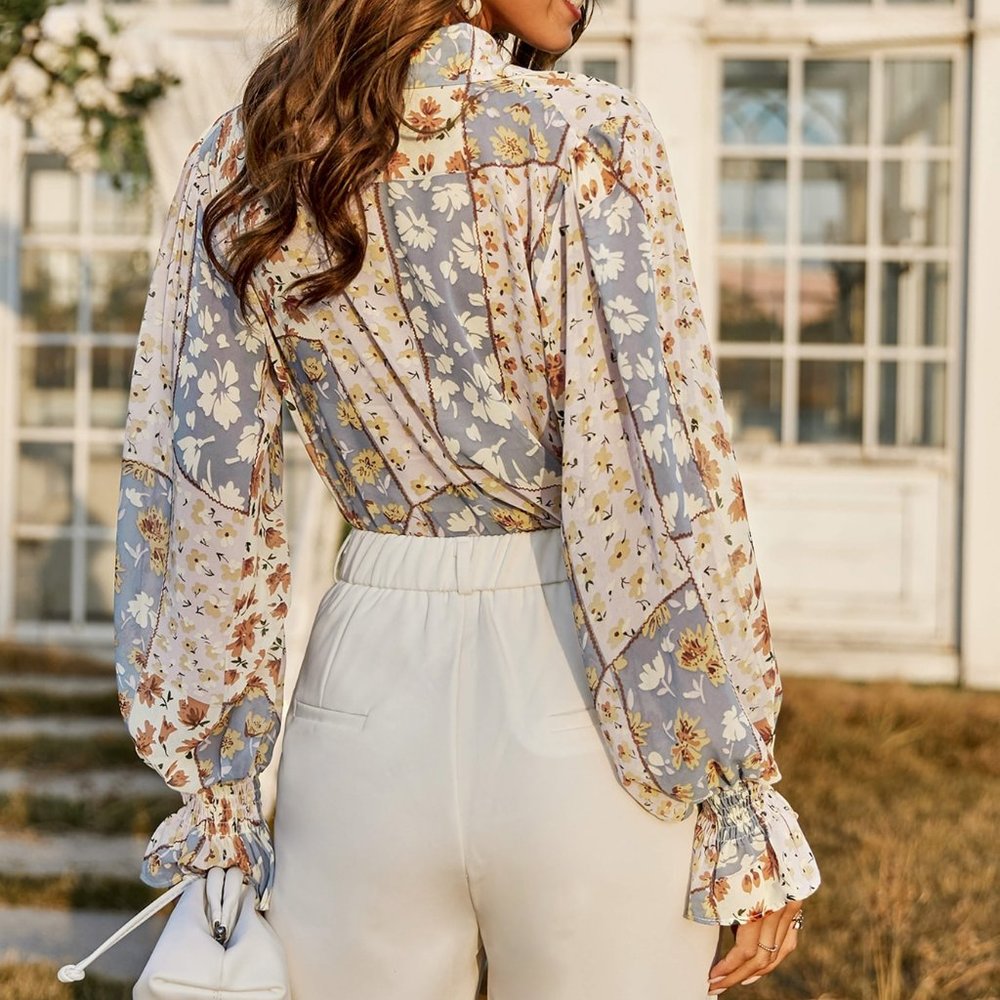 Mixed patchwork ditsy floral print tie neck blouse - Picture 8 of 8